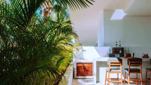 Outdoor bar area with three wooden stools, a counter with bottles, and green palm plants. Sunlight casts sharp shadows on the white floor and walls under a clear blue sky.