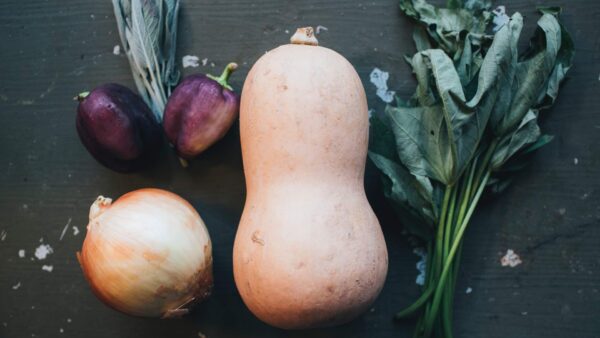 A butternut squash, onion, two eggplants, sage, and leafy greens arranged on a dark surface.